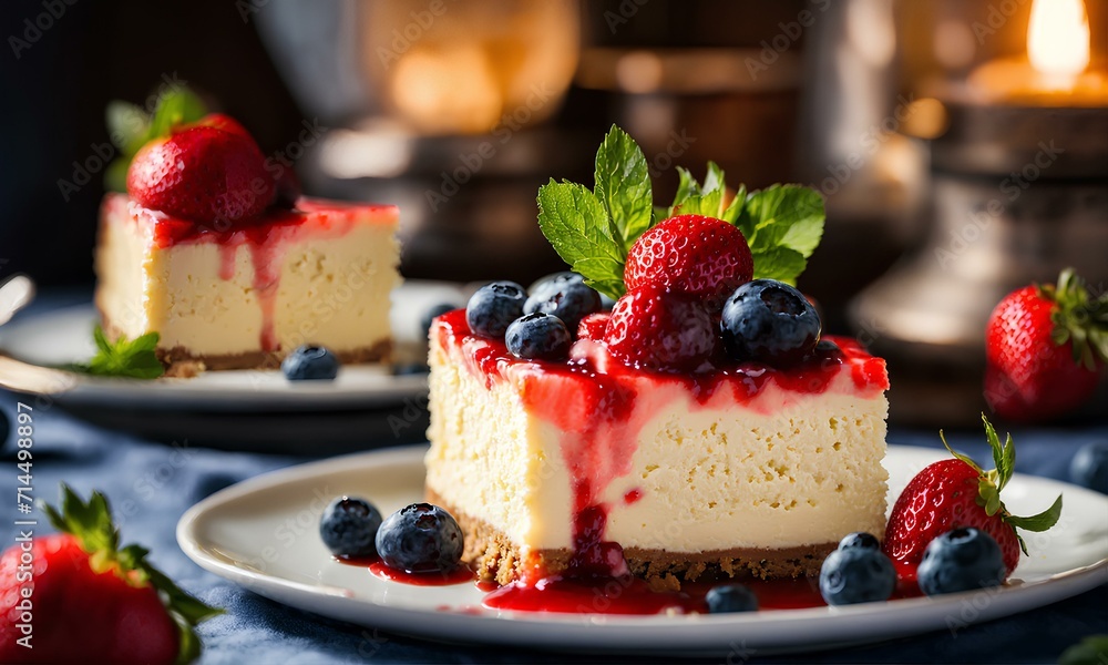 テーブルの上の皿にあるケーキ、いちご、ベリー|Cake, strawberries and berries on a plate on the table. Generative AI テーブルの上の皿にあるケーキ、いちご、ベリー|Cake, strawberries and berries on a plate on the table. Generative AI