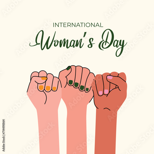 International Woman's Day. Diverse female hands. Women's hands clench a fist in support of feminism. Flat vector illustration. Editable stroke. #InspireInclusion