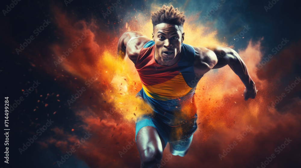 Explosive Sprint: Male Athlete Running with Colorful Smoke Explosive Sprint: Male Athlete Running with Colorful Smoke