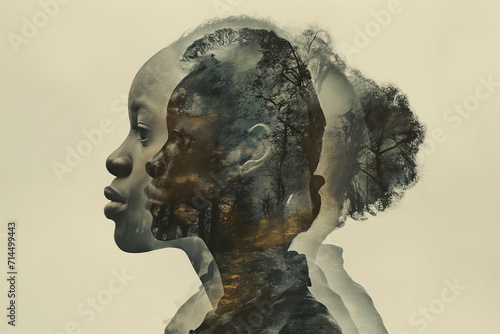 Double exposure illustration of African American profiles blended with tree silhouettes for Black History Month.