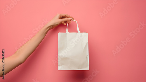 hand holding shopping bag.sale banner with empty space, generative ai