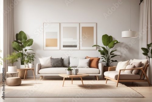 Scandinavian Interior home design of modern living room with beige sofa and houseplant with poster frame on white wall