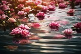 A group of pink flowers drifting on a water surface. Generative AI