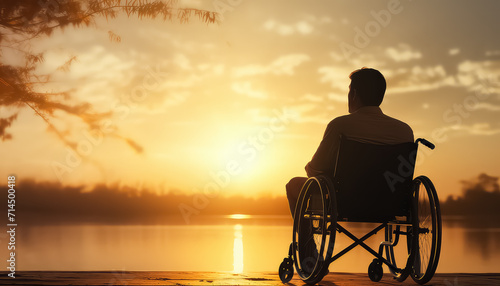 Man in wheelchair by river at sunset