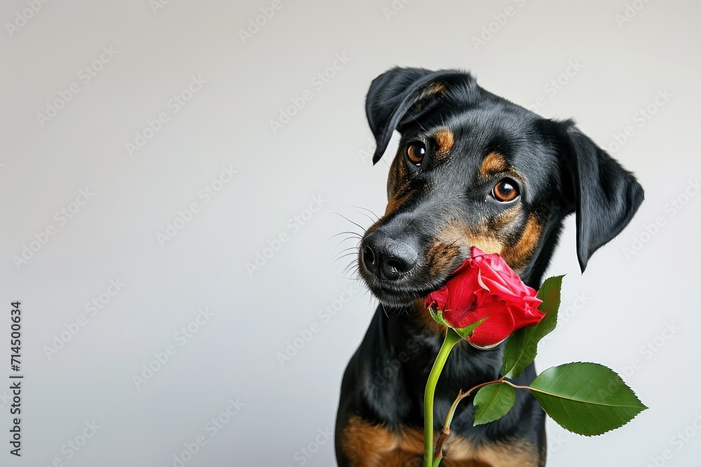 Cute, charming dog holds a bright red rose in its mouth against a plain white background. Cute, charming dog holds a bright red rose in its mouth against a plain white background.