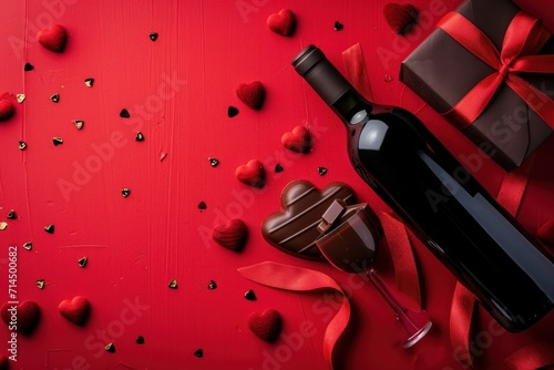 Valentine s Day Wine Bottle Chocolate Pieces Gift box with red ribbon and envelope on red background with white hearts