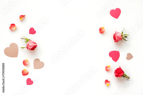 Valentine's day frame with red roses and paper hearts on white background