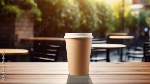 A takeaway coffee cup sits on a wooden table at an outdoor cafe, epitomizing the urban morning rush and coffee culture.