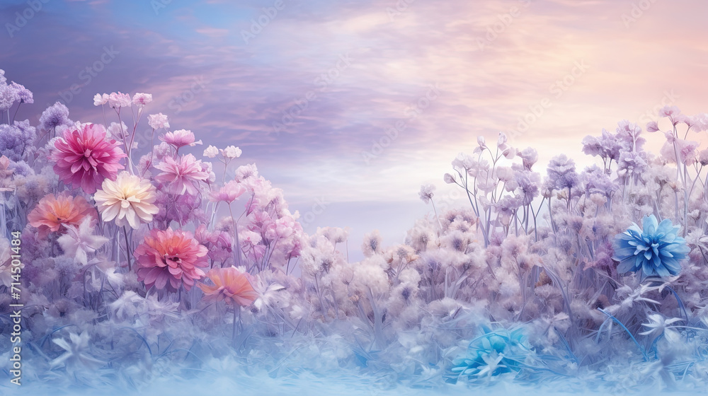 Abstract blurred background with flowers in the cold garden