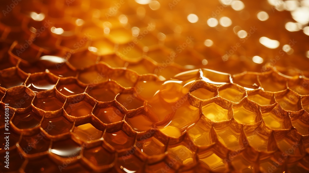 Close-up of golden honeycomb with honey. Macro photography of bee products in the apiary in summer. - obrazy, fototapety, plakaty 