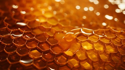 Close-up of golden honeycomb with honey. Macro photography of bee products in the apiary in summer.