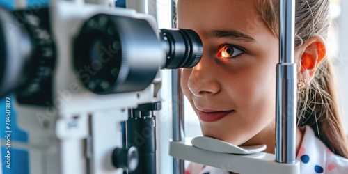 Close up of an ophthalmologist checks the eyesight of a preschooler, annual examination