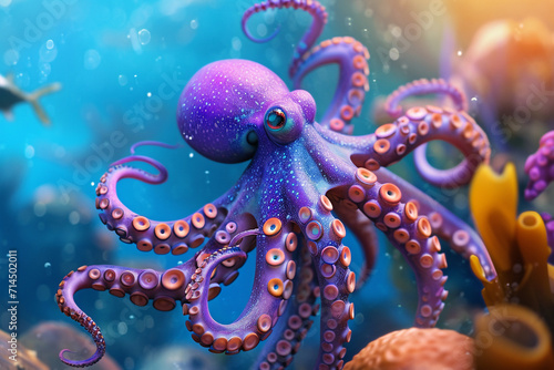 Colorful and friendly sea creatures with fins, tentacles and underwater themed details