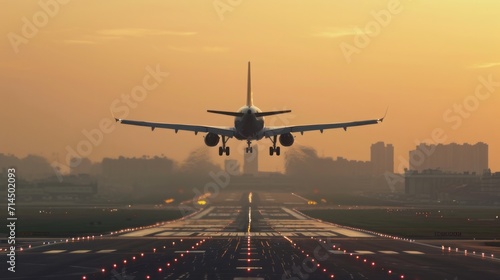 Airplane taking off from the airport terminal, the plane is taking off, morning sky, side view angle photo, vista, industrial angle, environmental awareness, detail clarity, precision, high definition