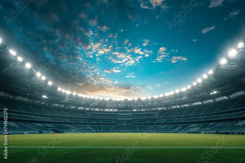 an empty football stadium with sky and white lights  in the style of matte painting  photo-realistic landscapes  high quality