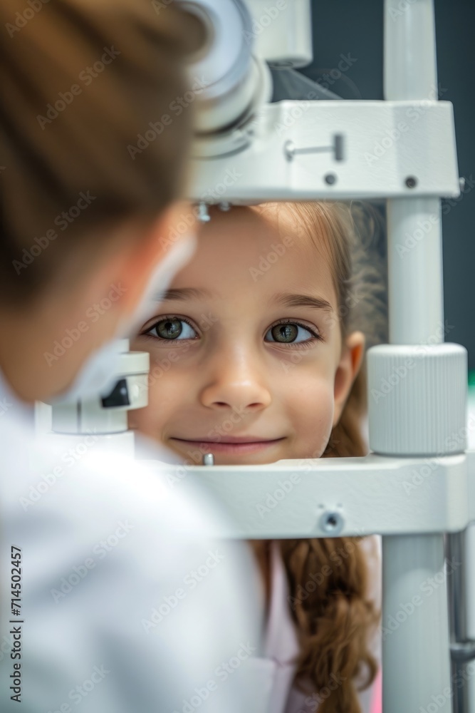 Close up of an ophthalmologist checks the eyesight of a preschooler, annual examination Close up of an ophthalmologist checks the eyesight of a preschooler, annual examination