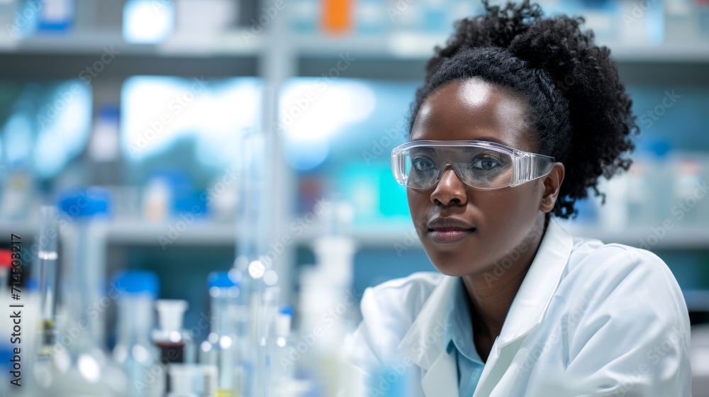 African American scientist in lab coat and safety glasses in laboratory. African American scientist in lab coat and safety glasses in laboratory.