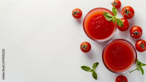 Tomato juice in a glass garnished with fresh mint, surrounded by whole tomatoes.