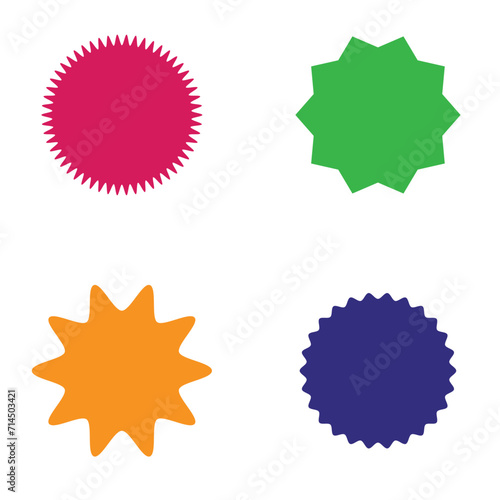  Set of vector starburst, sunburst badges. Different color. Simple flat style Vintage labels. Colored stickers 4 3 2 4