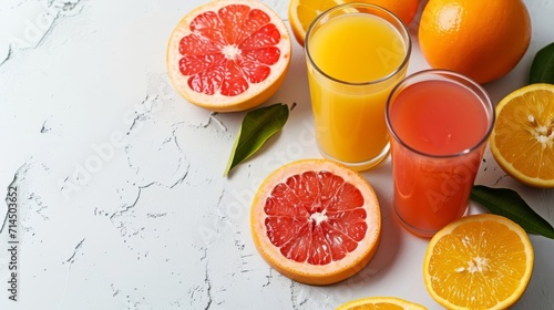 Orange and grapefruit juice with mint on a white textured background.