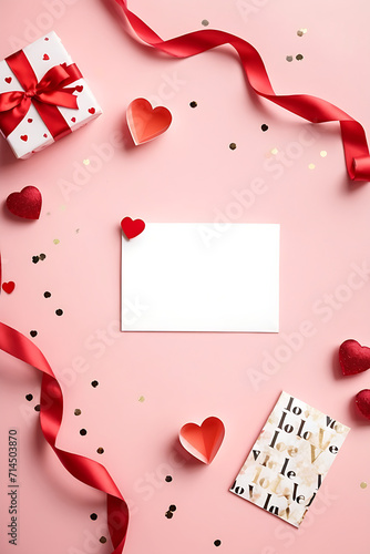 Valentines day greeting card mockup with gift boxes, red ribbons and hearts on pink background © UN