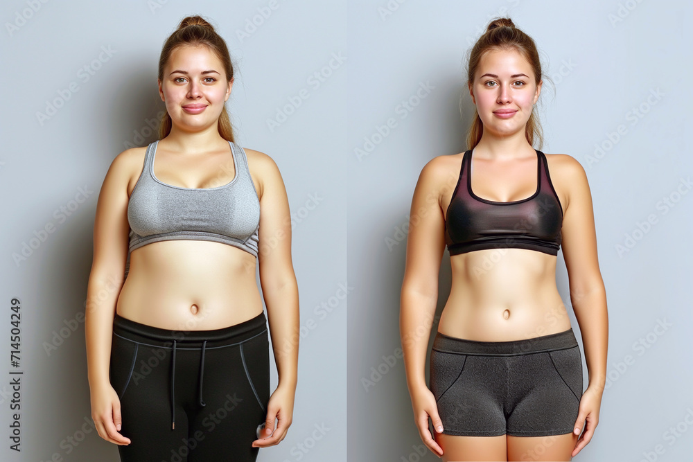Woman posing before and after weight loss. Diet and healthy nutrition. Fitness results, get fit. Liposuction results, plastic surgery. Transformation from fat to athlete. Overweight and slim, training Woman posing before and after weight loss. Diet and healthy nutrition. Fitness results, get fit. Liposuction results, plastic surgery. Transformation from fat to athlete. Overweight and slim, training