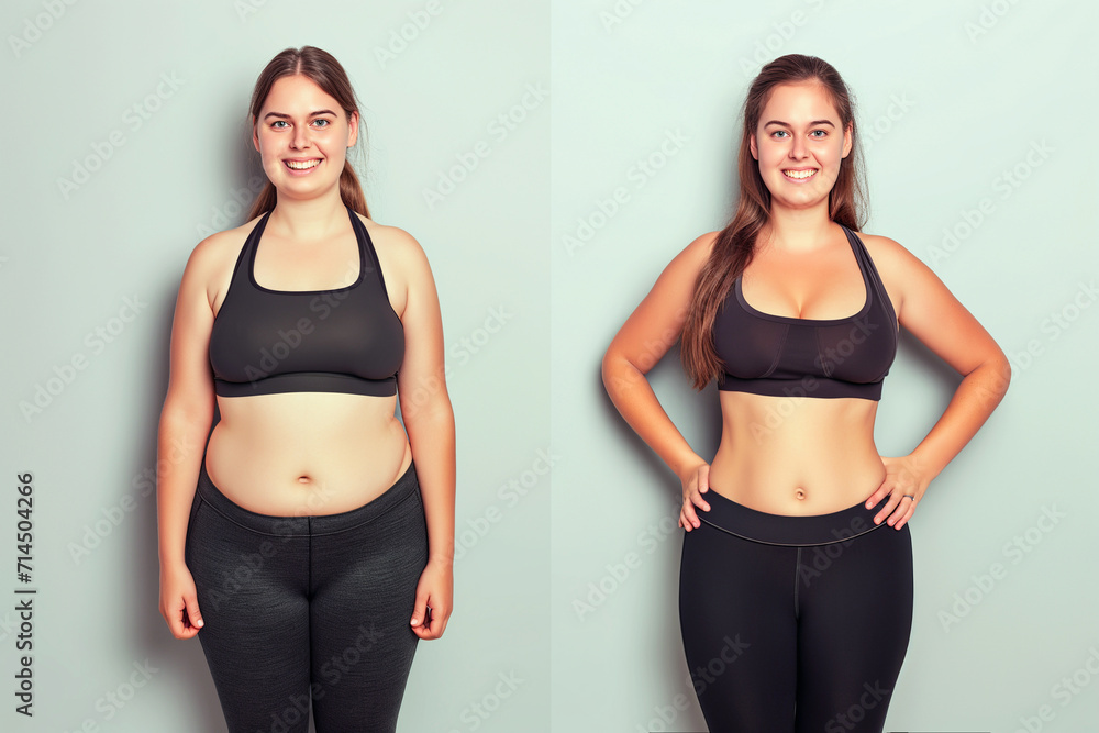 Woman posing before and after weight loss. Diet and healthy nutrition. Fitness results, get fit. Liposuction results, plastic surgery. Transformation from fat to athlete. Overweight and slim, training