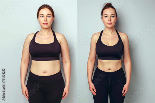Woman posing before and after weight loss. Diet and healthy nutrition. Fitness results, get fit. Liposuction results, plastic surgery. Transformation from fat to athlete. Overweight and slim, training photo