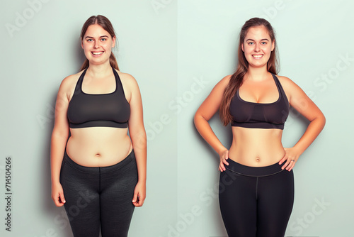 Woman posing before and after weight loss. Diet and healthy nutrition. Fitness results, get fit. Liposuction results, plastic surgery. Transformation from fat to athlete. Overweight and slim, training photo