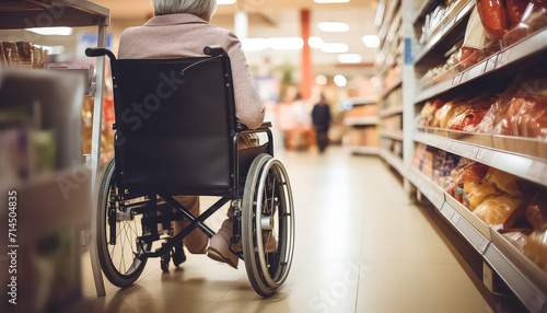 Woman in wheelchair in supermarket buying groceries photo