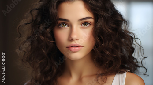 Portrait of beautiful young brunette woman with curly hairstyle.