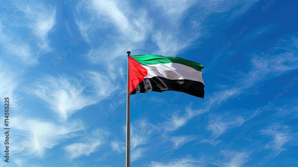 Flag of UAE, blue sky, waving flag Flag of UAE, blue sky, waving flag