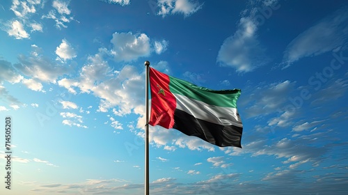 Flag of UAE, blue sky, waving flag