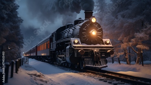 A steam locomotive in the snowy forest at night generative ai