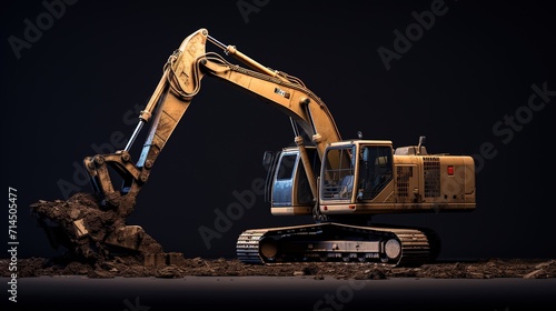 A yellow excavator is on a black background. ai generative 4k image jpg