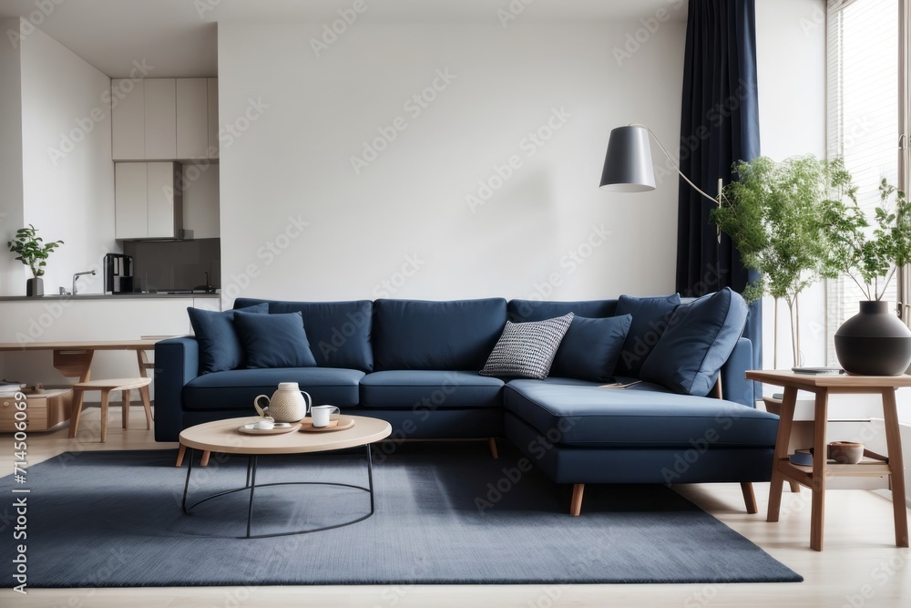 Fototapeta premium scandinavian Interior home design of modern living room with dark blue sofa and round table in the apartment