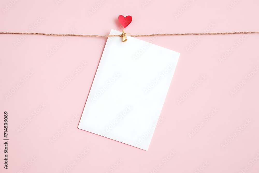 Blank paper note on rope with heart shape on pink background.