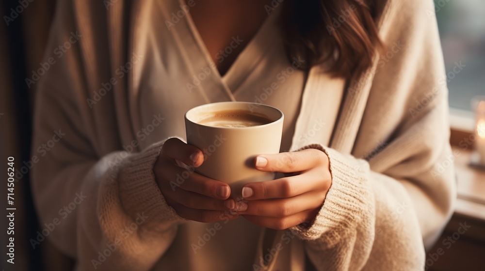 A close-up portrait of a woman in a knitwear holding a blue tea cup with both hands ai generative images A close-up portrait of a woman in a knitwear holding a blue tea cup with both hands ai generative images