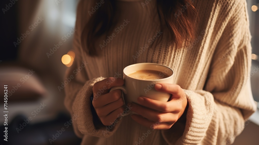 A close-up portrait of a woman in a knitwear holding a blue tea cup with both hands ai generative images A close-up portrait of a woman in a knitwear holding a blue tea cup with both hands ai generative images
