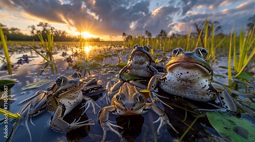A panoramic view of a wetland at sunrise, featuring frogs basking in the morning light, perfectly capturing the natural beauty of amphibian habitats.