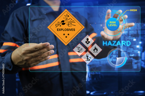 Plakat Explosive experts is working on high risk taking to scan for hazardous materials with advanced technology. Dangerous substance concept