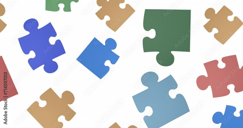 Animation of multicoloured puzzle pieces on white background Animation of multicoloured puzzle pieces on white background