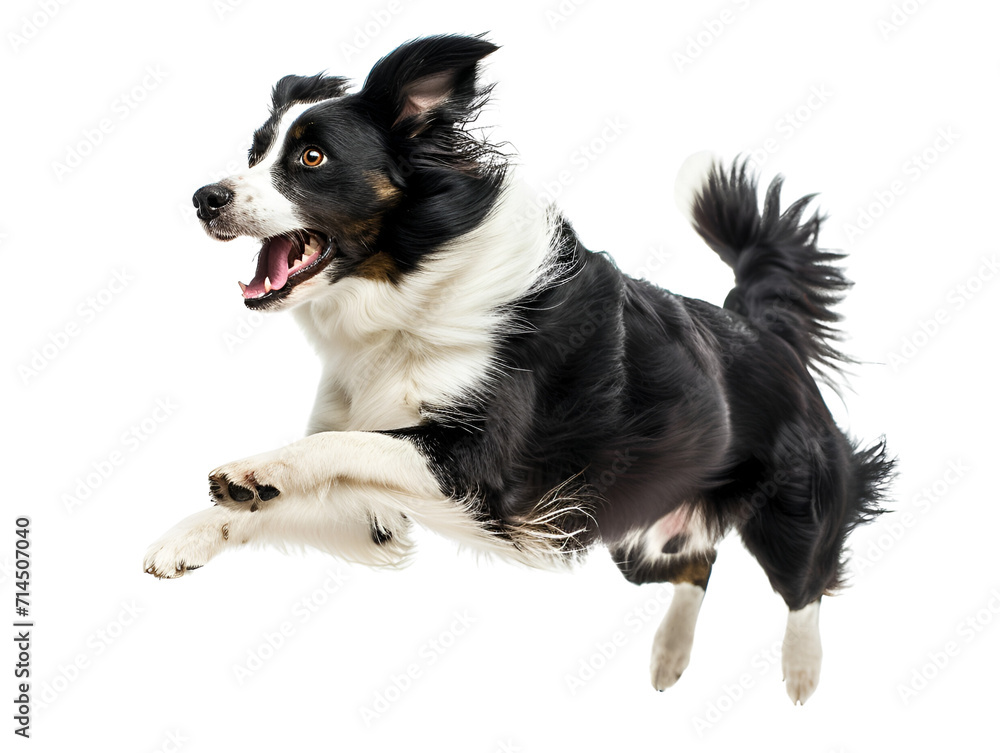 Border Collie freezes a moment in dynamic play, showcasing agility on a pristine white backdrop. Ideal for vibrant banners and ads