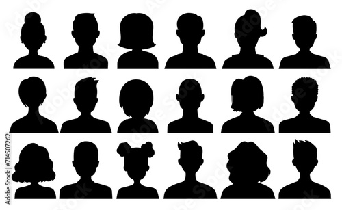 Set of female and male face silhouette avatars or portraits for social media template. Corporate man and woman silhouette icon for technology business. Resume, cv or portfolio people sign and symbol.
