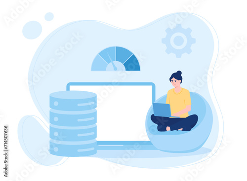 a woman analyzing databases and statistical reports concept flat illustration