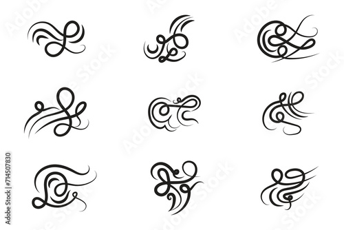Vintage Filigree Swirls, calligraphy Tattoo style Decorative Elements, Text Ornaments curly line swings swashes, Flourishes Swirls Elegant ornate, flourish Swirl ornament stroke, scroll design