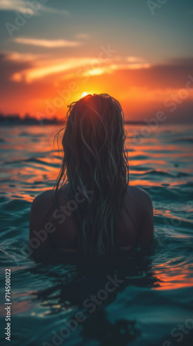 Woman's Back View Submerged in Tranquil Waters. Captivating Seascape Silhouette..