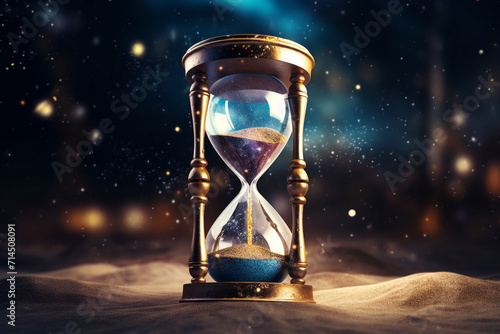 States of mind, culture and religion, life, art concept. Beautiful retro hourglass in surreal desert and night sky with stars background illustration. Fragile and short life metaphor © Rytis