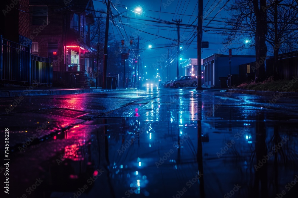 Fototapeta premium Dark, moody atmospheric street with reflective wet ground