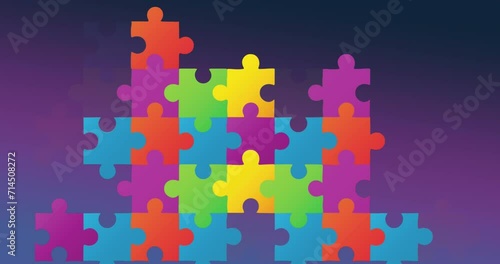 Animation of multi coloured puzzle pieces on purple background